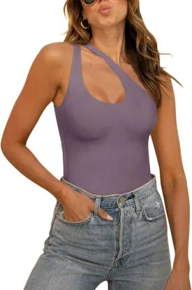 REORIA Butsmooth Women's Trendy Sexy Plunge One Shoulder Sleeveless V Backless Going Out Tank Bodysuits Tops