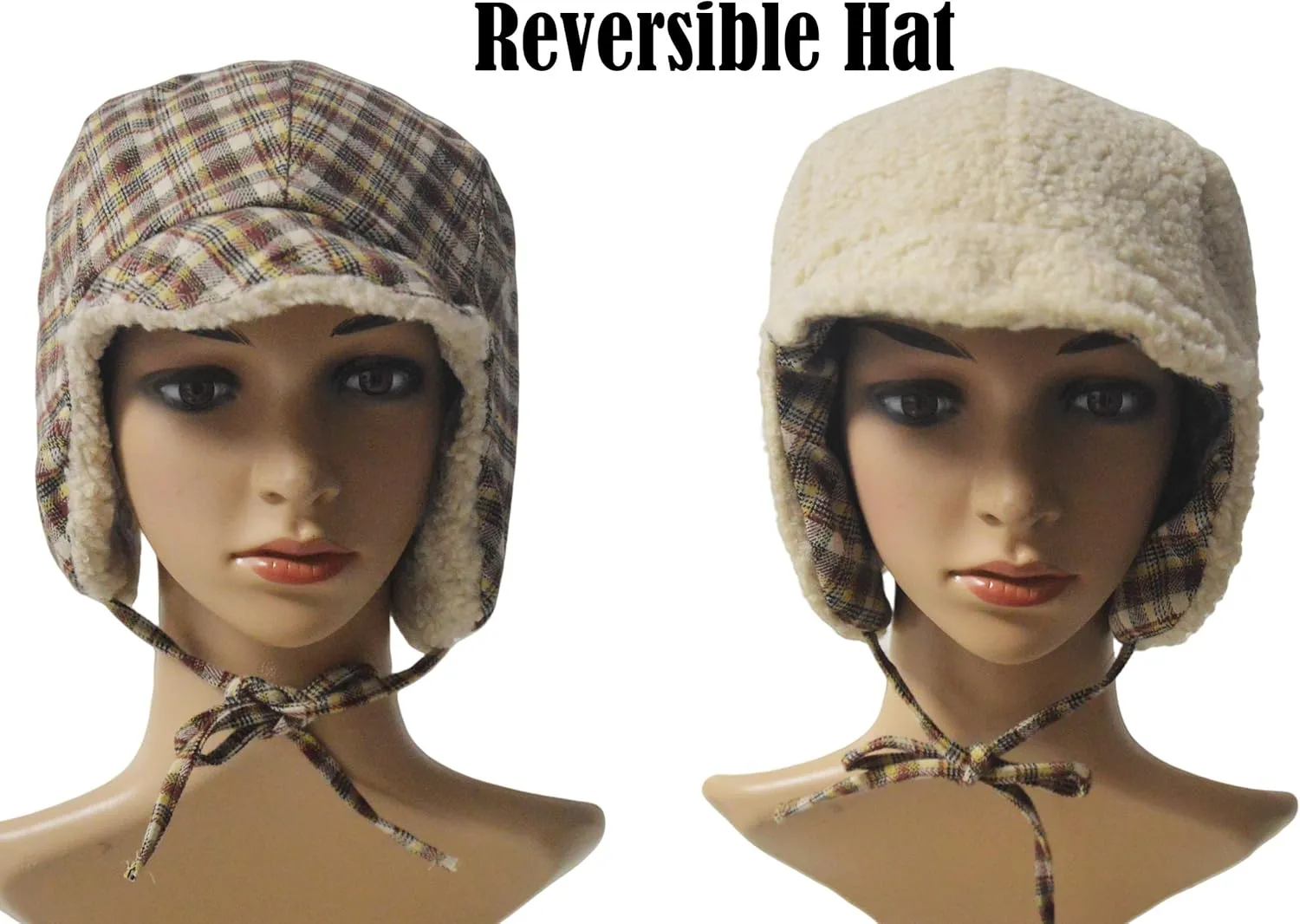 Reversible Winter Hat with Ear Flaps for Men Women,Ladies Plaid Hat with Ear Flaps,Lamb Wool Lining Flannel Beanie