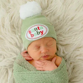 Sage Green Santa Baby with White Pom Pom - Gender Neutral Christmas Hat for Newborns