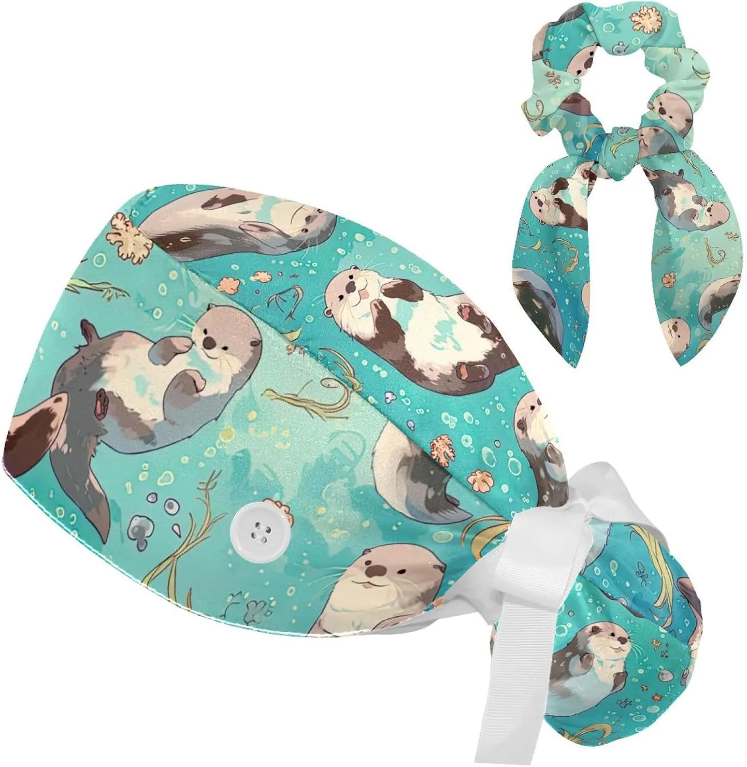 Scrub Caps Women, Adjustable Surgical Caps with Ponytail Pouch, Working Cap with Bow Hair Scrunchy, Bouffant Hat with Buttons, Otter Ocean Animal Cartoon Cute Turquoise