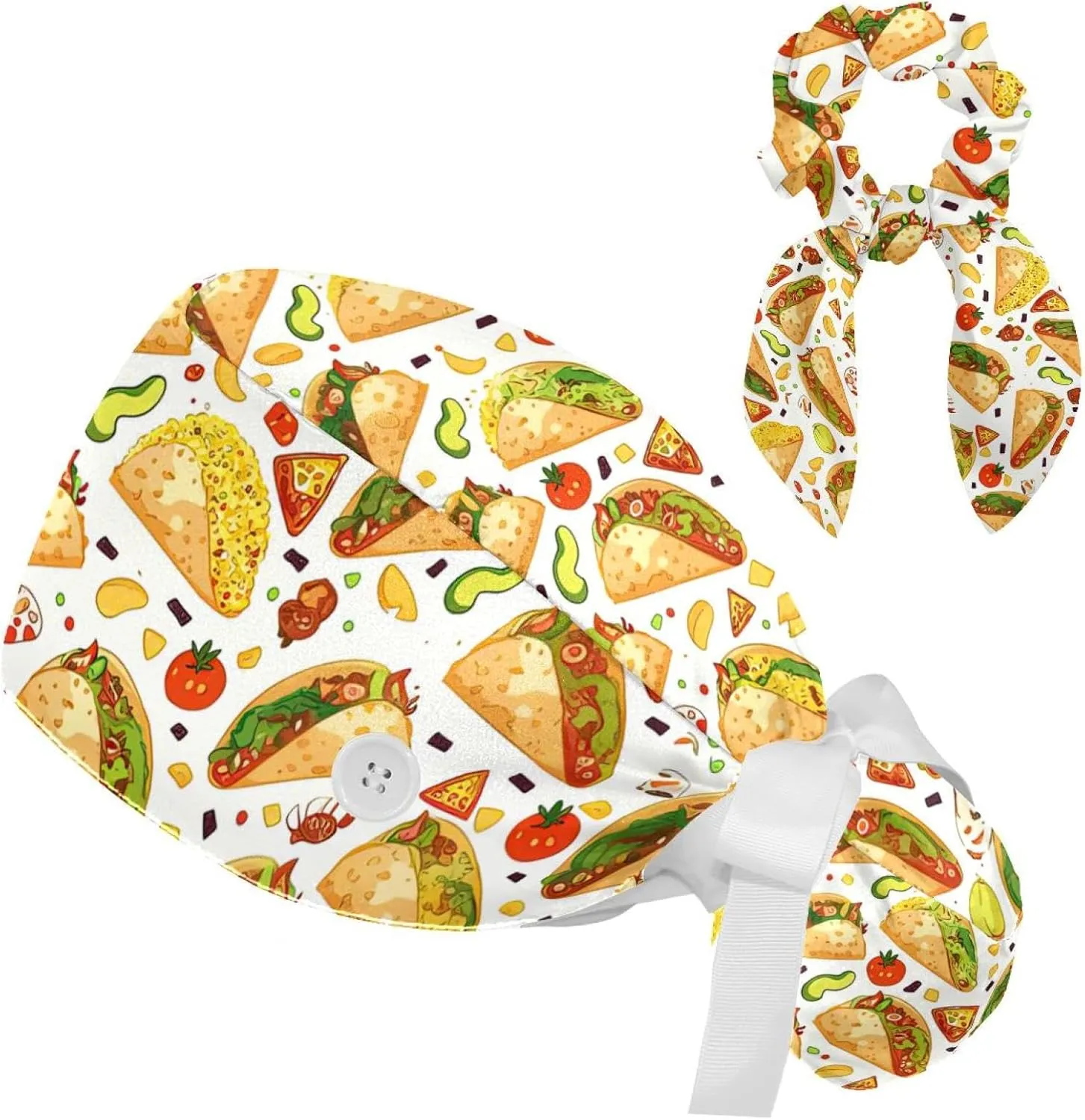 Scrub Caps Women, Adjustable Surgical Caps with Ponytail Pouch, Working Cap with Bow Hair Scrunchy, Bouffant Hat with Buttons, Taco Mexican Food Cornflakes Tomato Cartoon