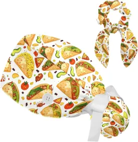 Scrub Caps Women, Adjustable Surgical Caps with Ponytail Pouch, Working Cap with Bow Hair Scrunchy, Bouffant Hat with Buttons, Taco Mexican Food Cornflakes Tomato Cartoon