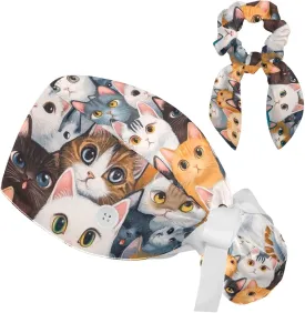 Scrub Caps Women with Button,Adjustable Bouffant Surgical Caps with Ponytail Pouch,Colored Cartoon Seamless Cats Working Cap with Bow