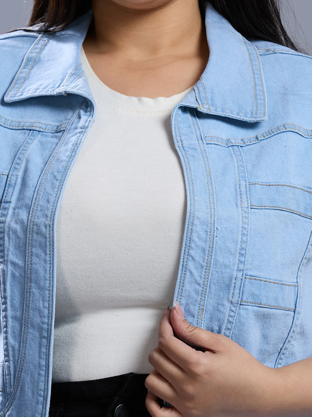 Style Quotient Women Light Blue Open Front Plus Denim Shrug