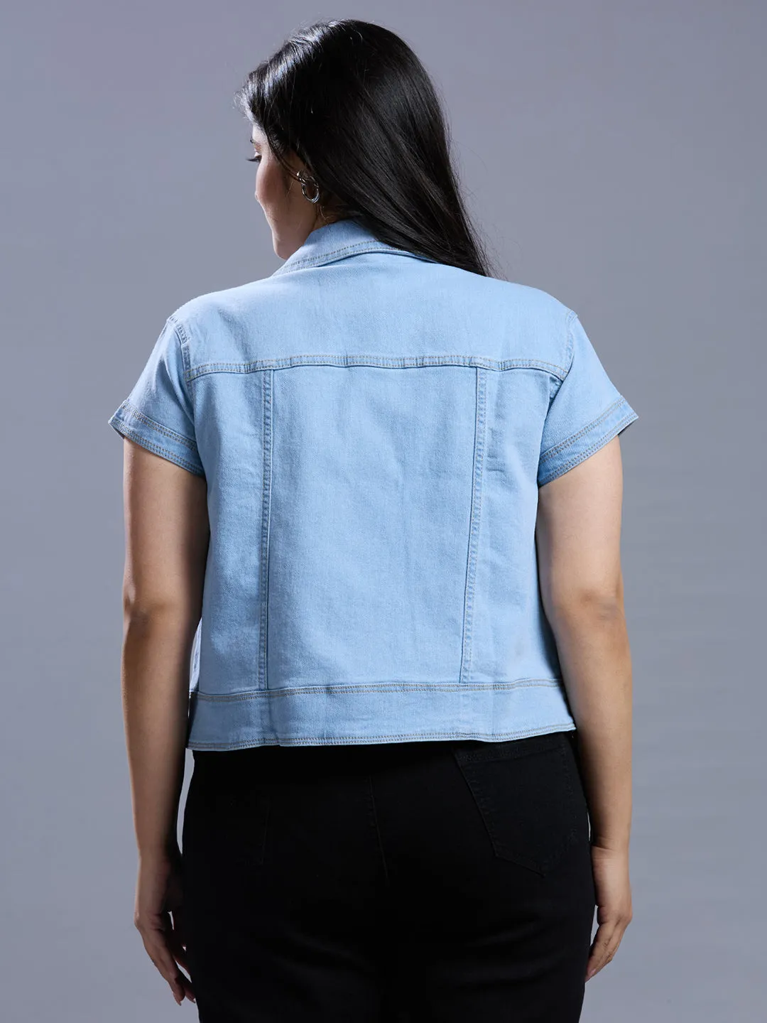 Style Quotient Women Light Blue Open Front Plus Denim Shrug