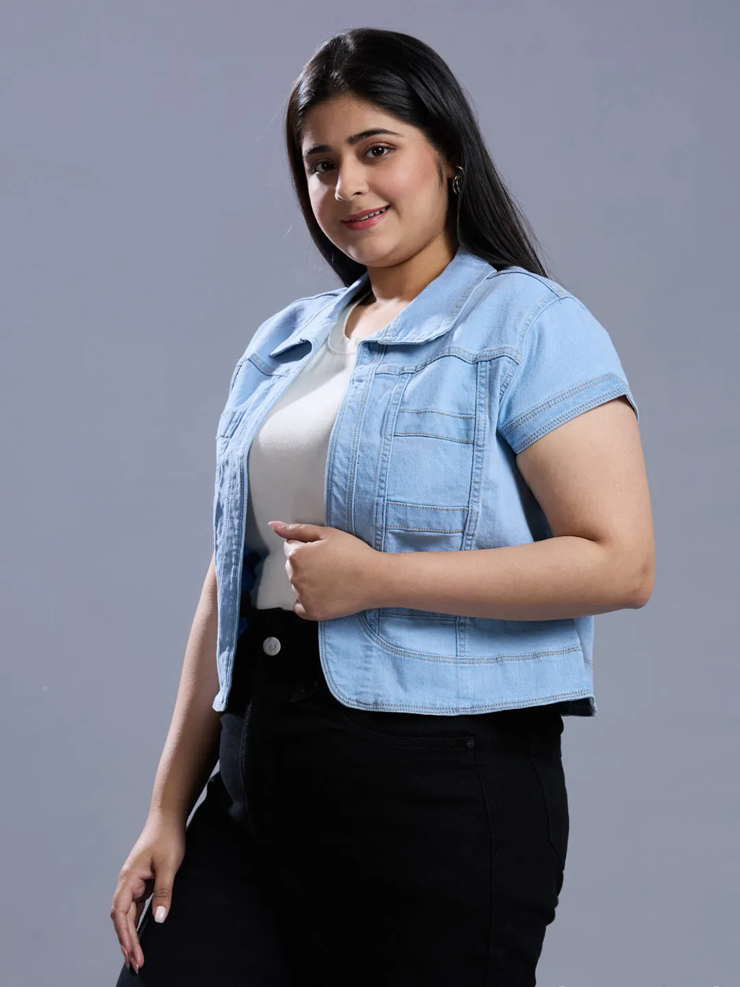 Style Quotient Women Light Blue Open Front Plus Denim Shrug