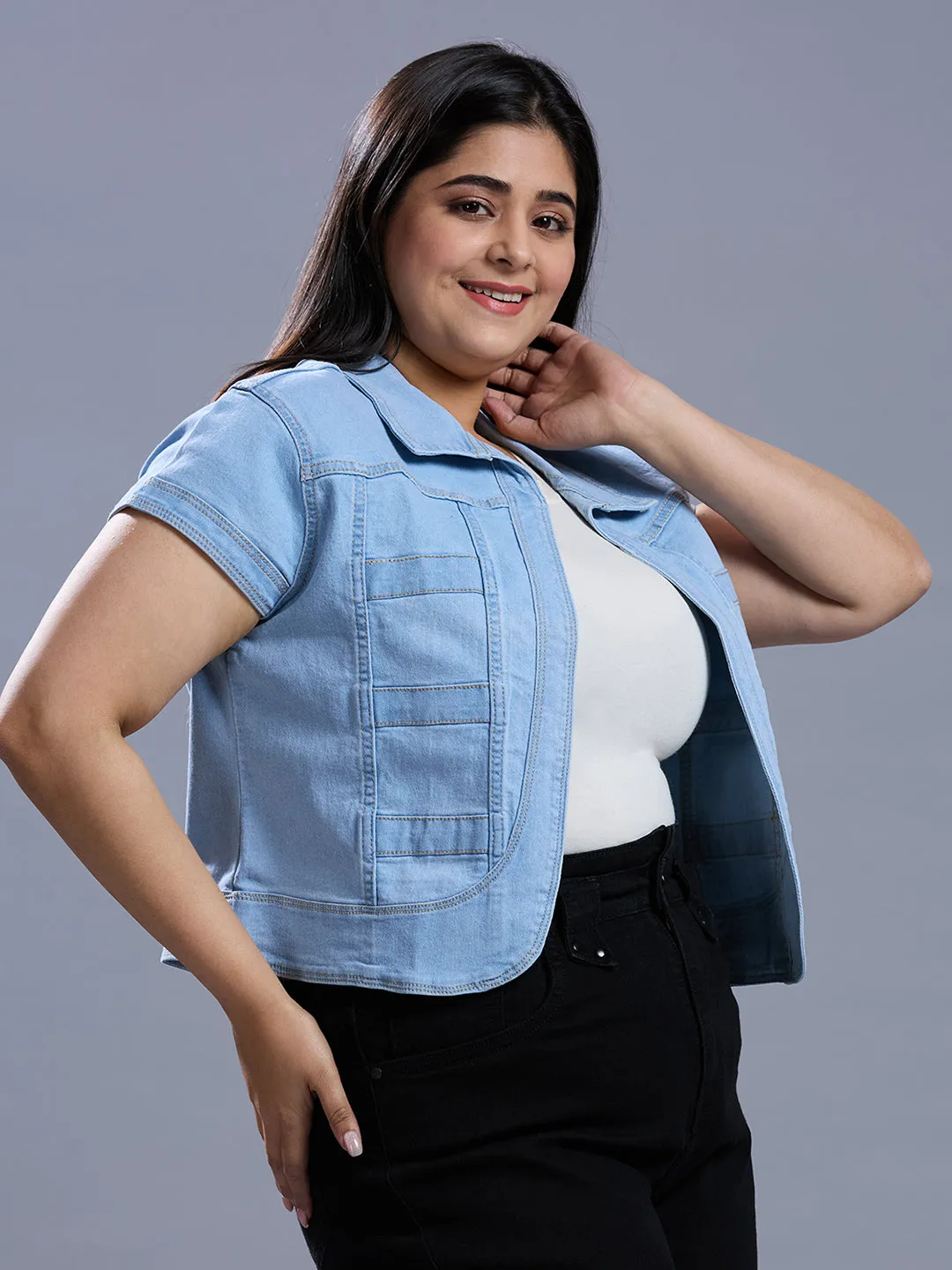 Style Quotient Women Light Blue Open Front Plus Denim Shrug