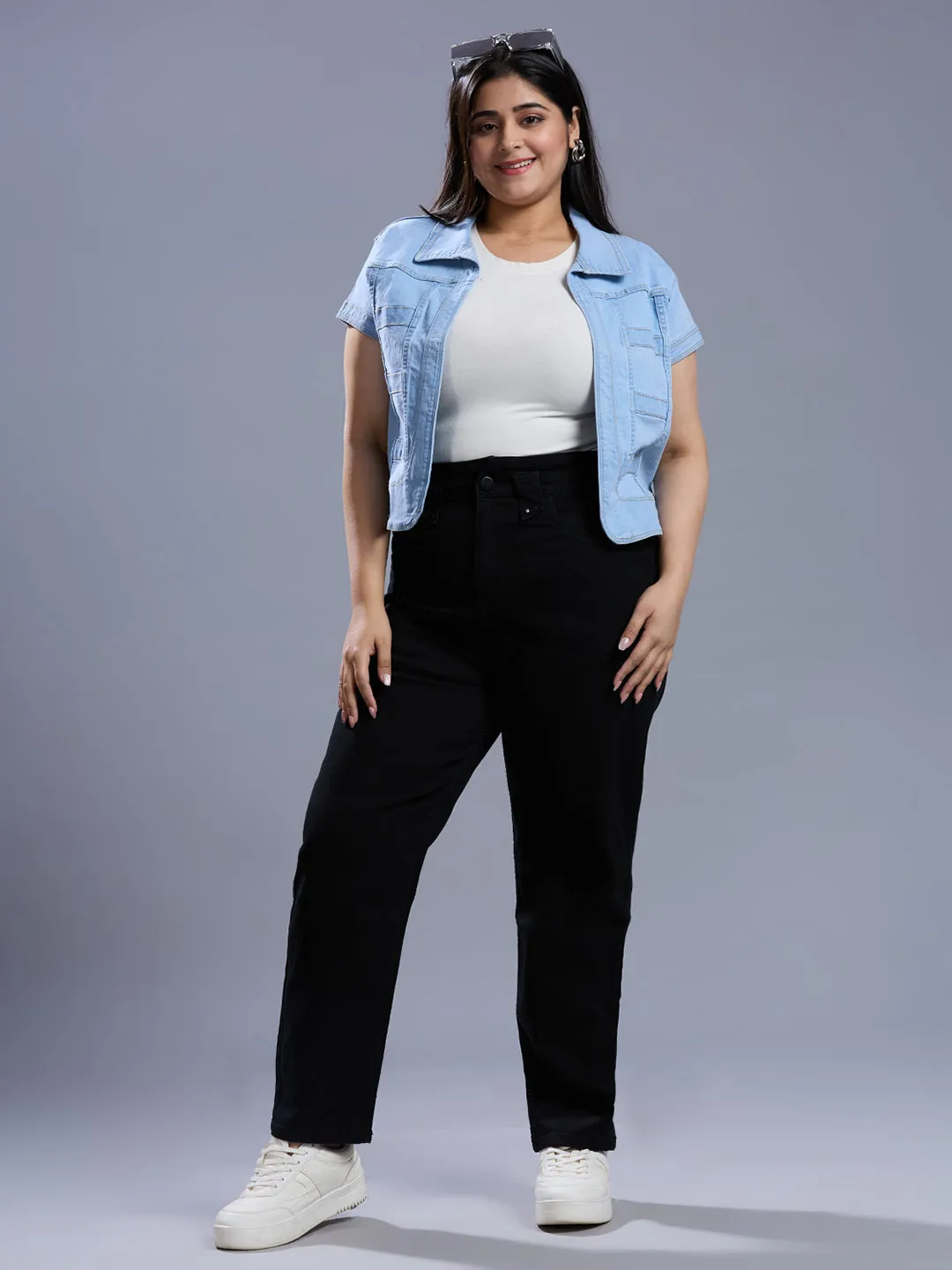 Style Quotient Women Light Blue Open Front Plus Denim Shrug
