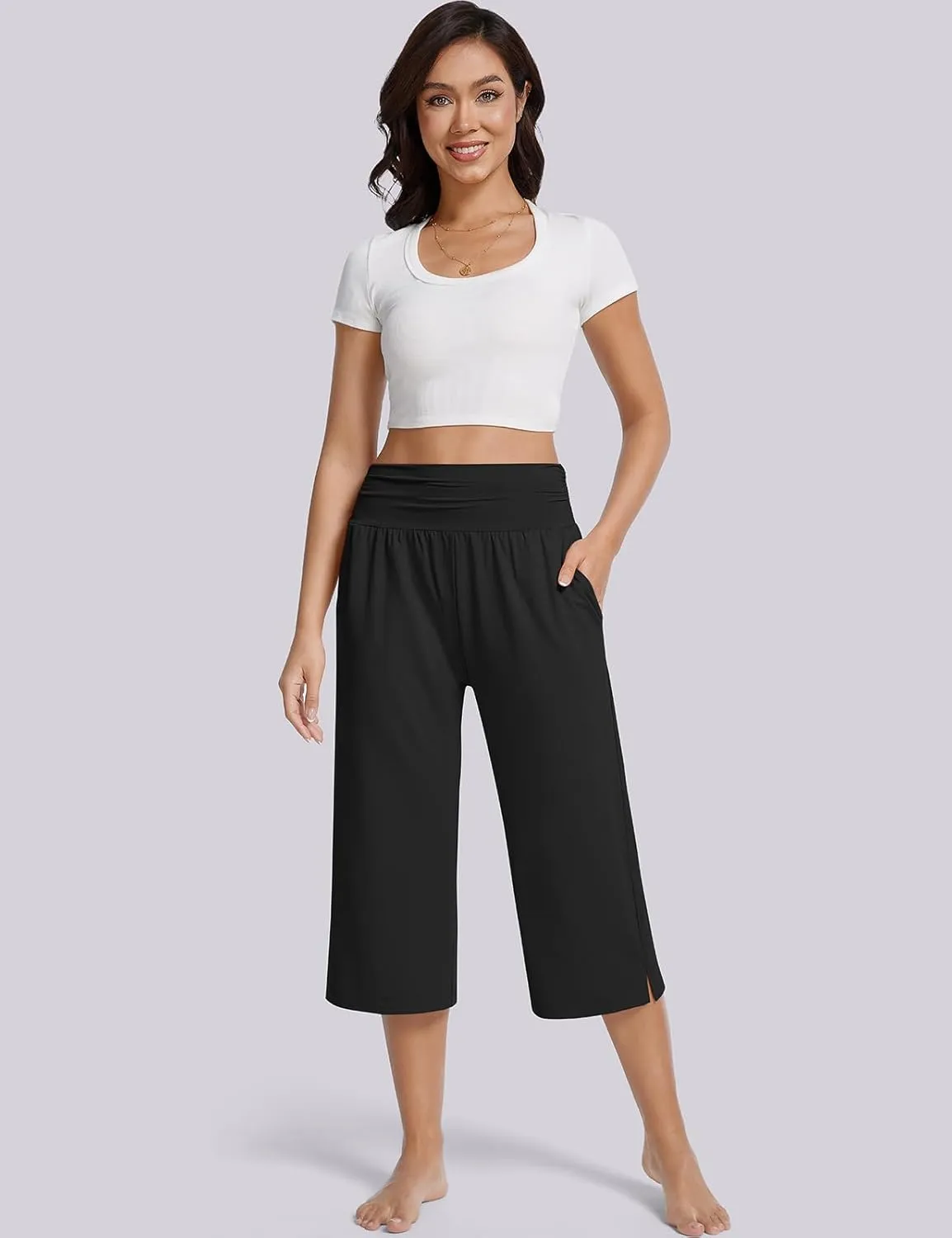 UEU Women's Summer Capris Yoga Pants for Women High Waisted Casual Wide Leg Loose Soft Pajamas with Pockets