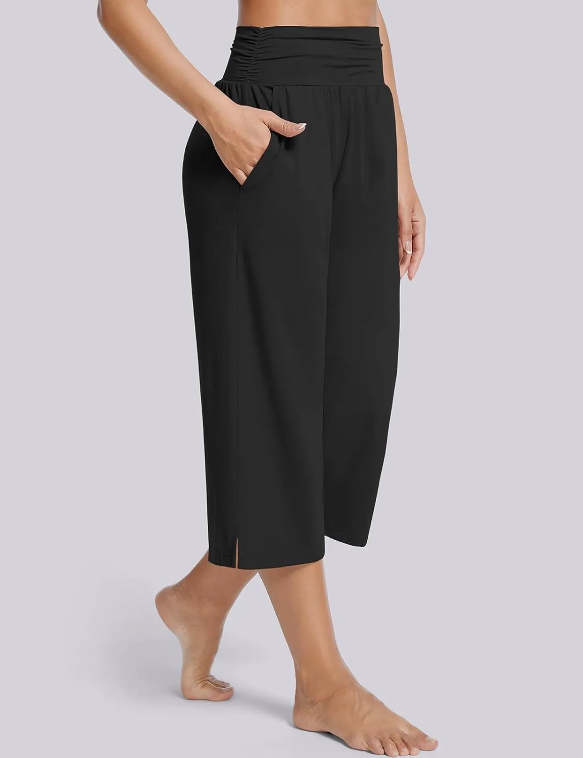 UEU Women's Summer Capris Yoga Pants for Women High Waisted Casual Wide Leg Loose Soft Pajamas with Pockets