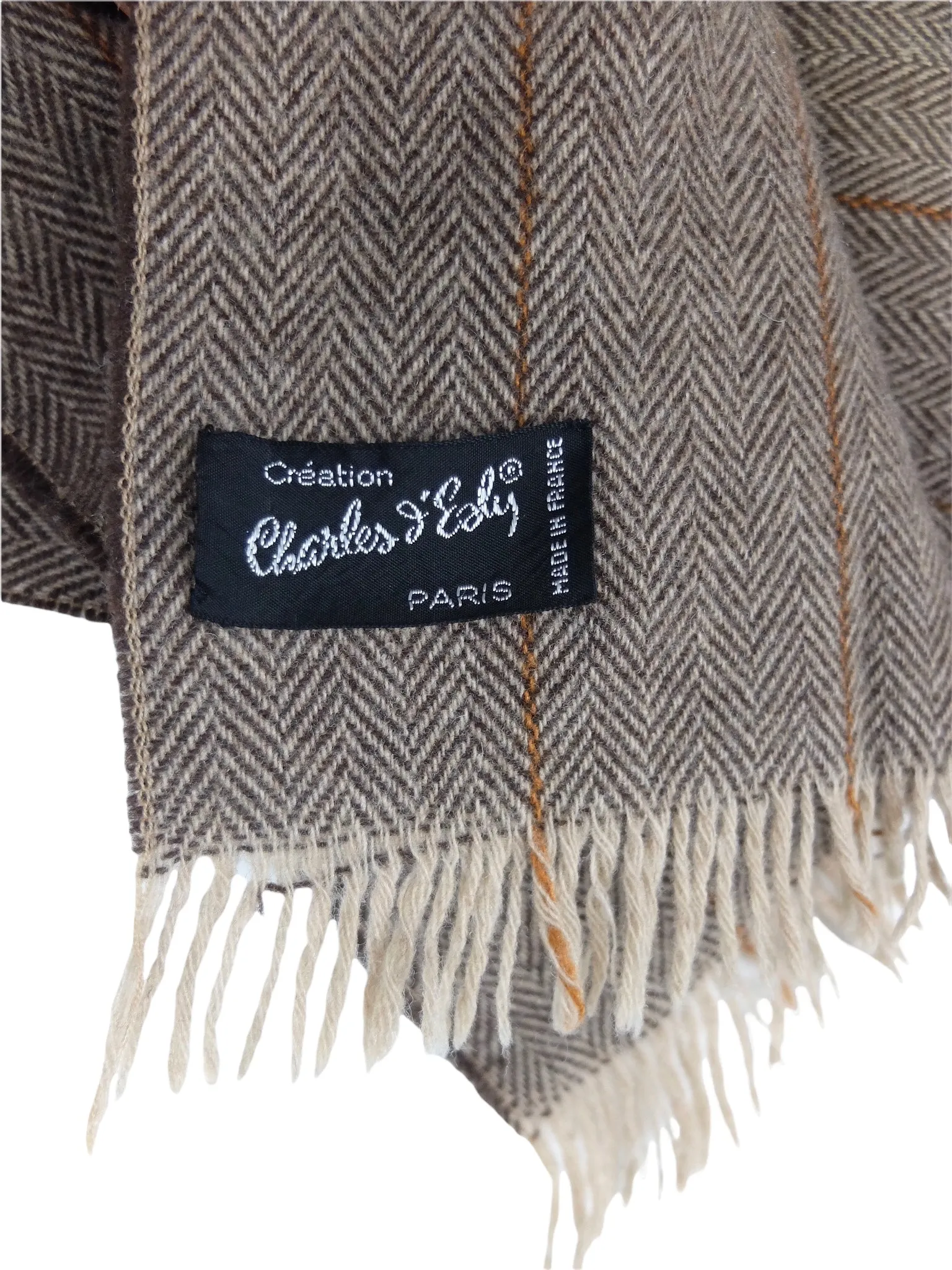 Vintage 70s Wool Mod Bohemian Chic Brown & Cream Chevron Patterned Thin Wide Winter Blanket Scarf Made in France