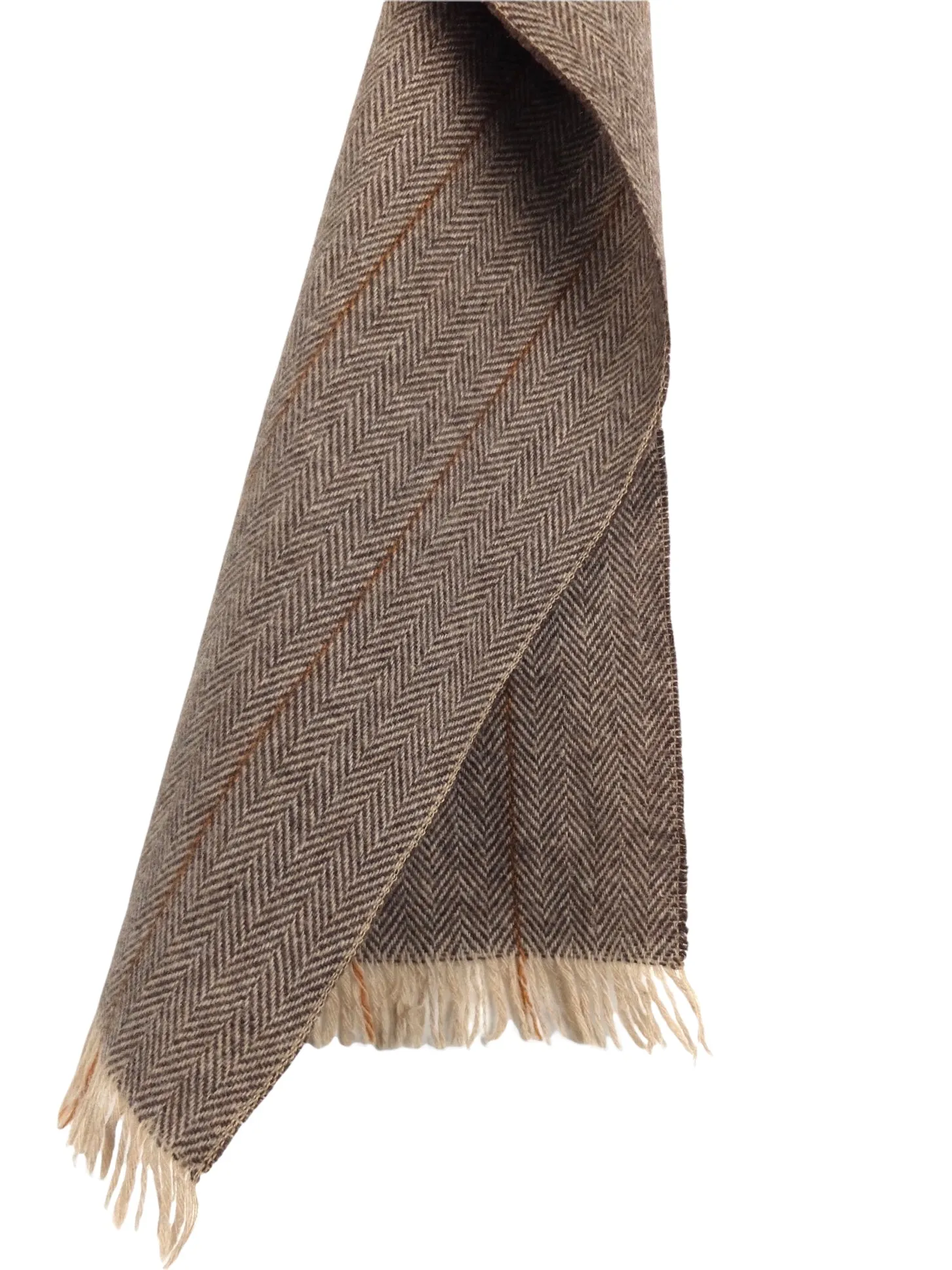 Vintage 70s Wool Mod Bohemian Chic Brown & Cream Chevron Patterned Thin Wide Winter Blanket Scarf Made in France