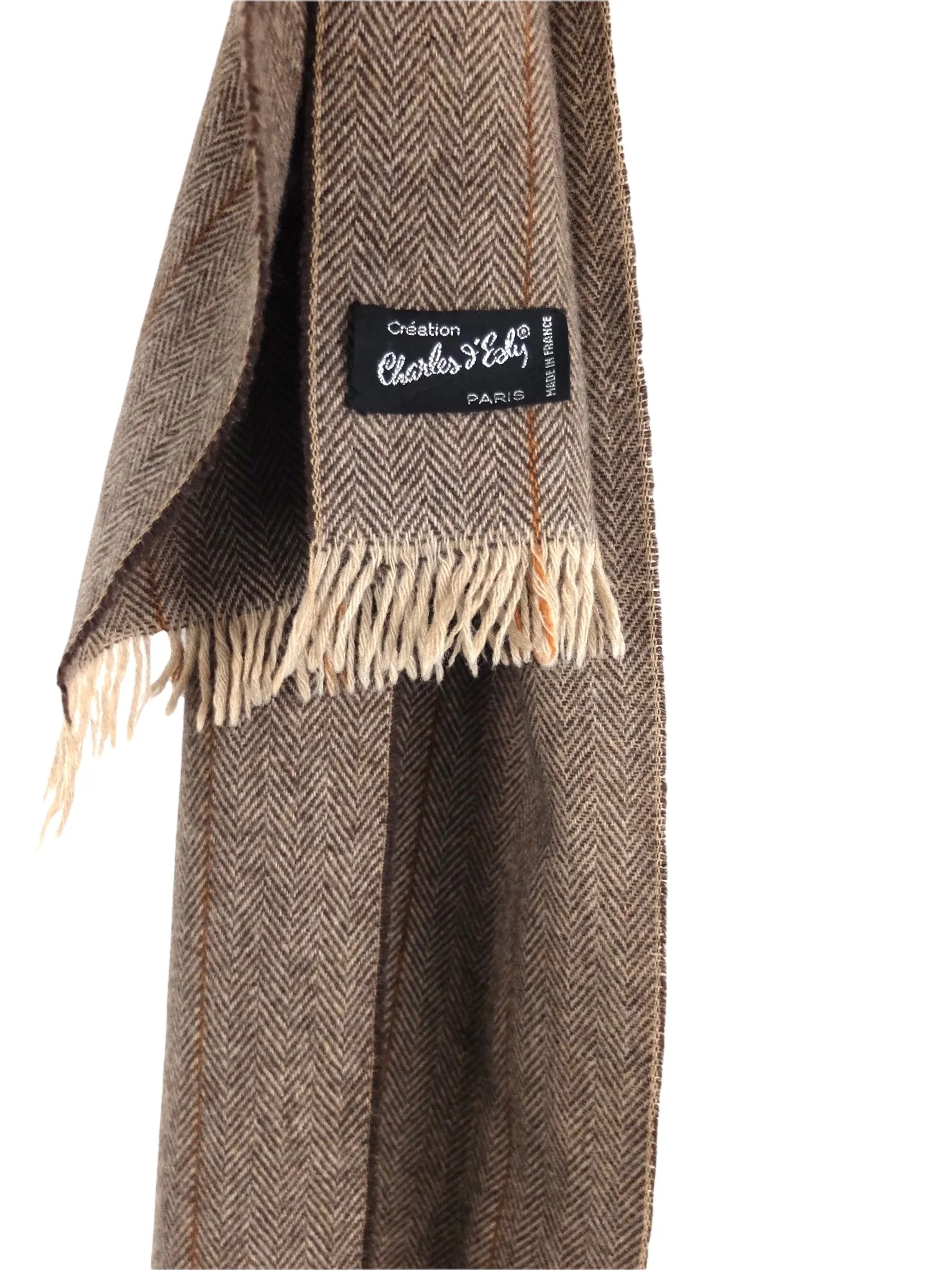 Vintage 70s Wool Mod Bohemian Chic Brown & Cream Chevron Patterned Thin Wide Winter Blanket Scarf Made in France