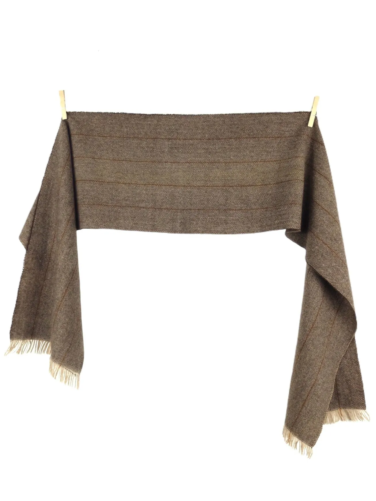 Vintage 70s Wool Mod Bohemian Chic Brown & Cream Chevron Patterned Thin Wide Winter Blanket Scarf Made in France