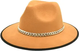 Wide Brim Fedora Cap for Women Men Solid Color Dress Hat Panama Hat with Belt Chain