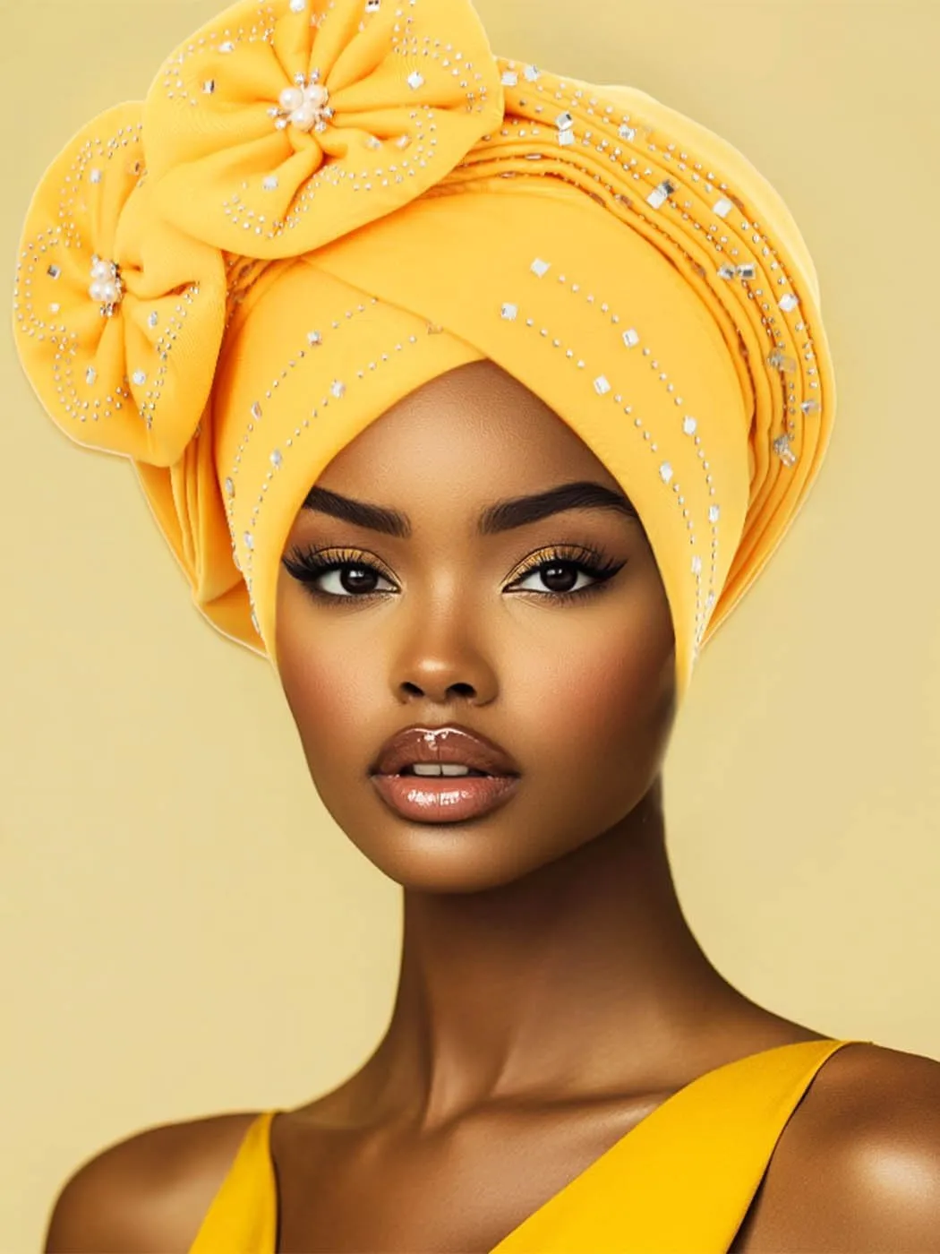 Woeoe Beanie Cap Head Wrap Black Rhinestones Head Scarf Flower Pearls Twisted Head Turban for Women Girls