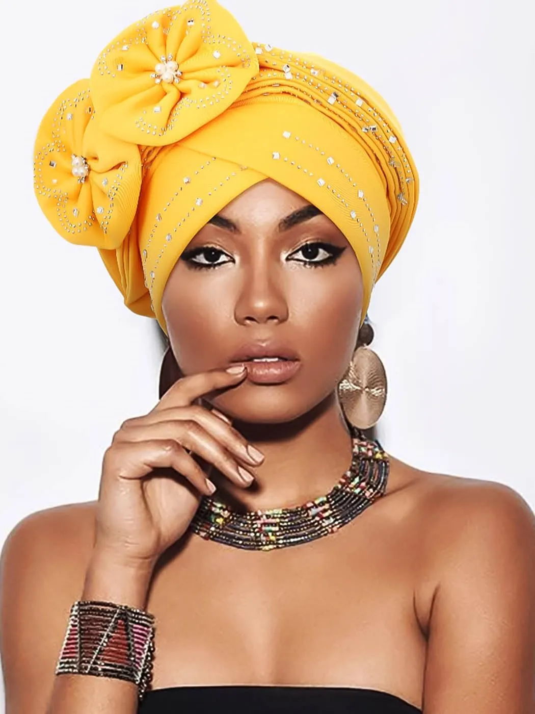Woeoe Beanie Cap Head Wrap Black Rhinestones Head Scarf Flower Pearls Twisted Head Turban for Women Girls
