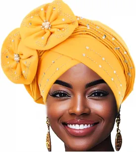 Woeoe Beanie Cap Head Wrap Black Rhinestones Head Scarf Flower Pearls Twisted Head Turban for Women Girls