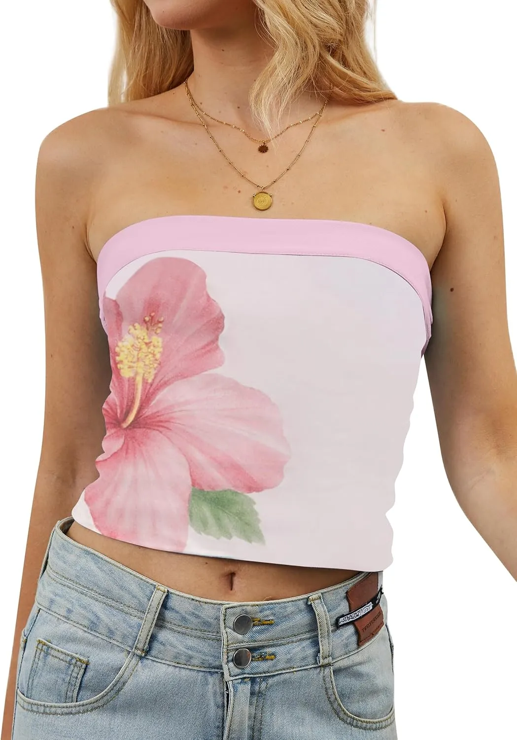 Women Strapless Reversible Foldover Tube Top Y2K Floral Print Graphic Crop Bandeau Tops Sleeveless Slim Fit Shirt