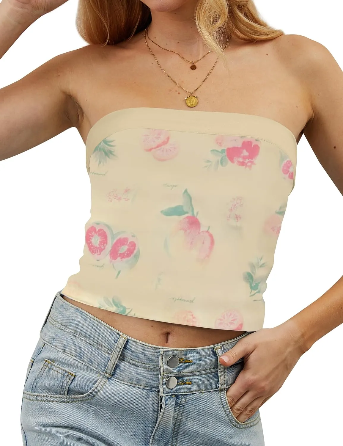 Women Strapless Reversible Foldover Tube Top Y2K Floral Print Graphic Crop Bandeau Tops Sleeveless Slim Fit Shirt