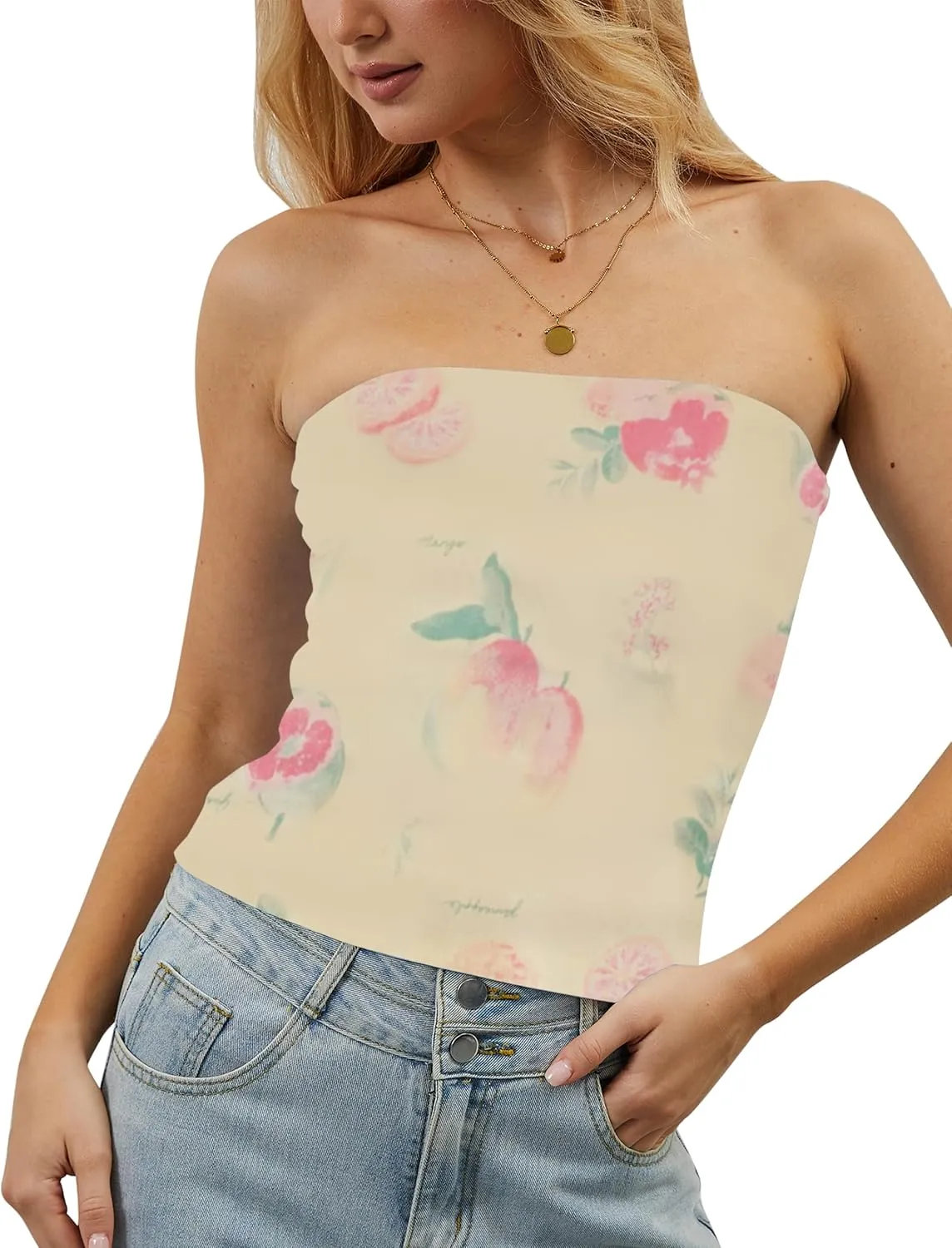 Women Strapless Reversible Foldover Tube Top Y2K Floral Print Graphic Crop Bandeau Tops Sleeveless Slim Fit Shirt