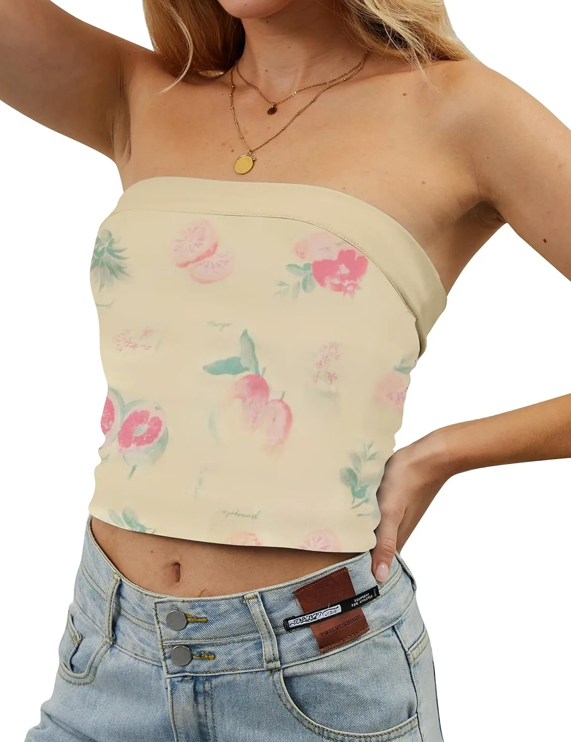 Women Strapless Reversible Foldover Tube Top Y2K Floral Print Graphic Crop Bandeau Tops Sleeveless Slim Fit Shirt
