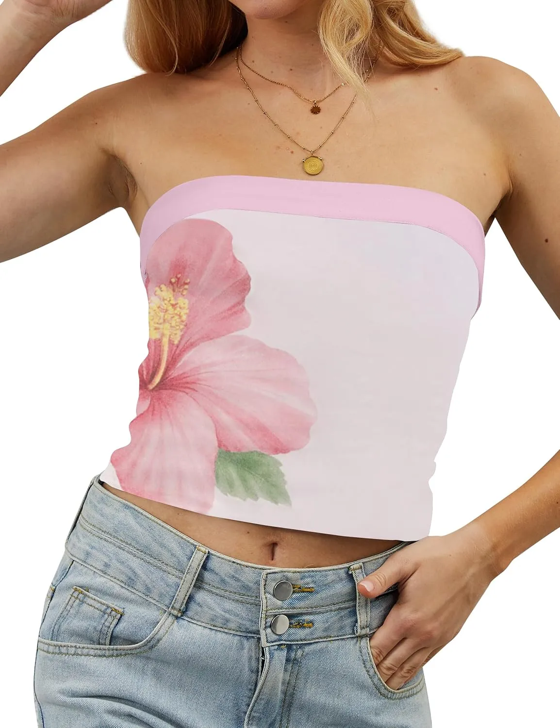 Women Strapless Reversible Foldover Tube Top Y2K Floral Print Graphic Crop Bandeau Tops Sleeveless Slim Fit Shirt