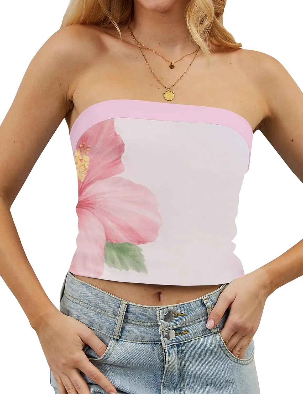 Women Strapless Reversible Foldover Tube Top Y2K Floral Print Graphic Crop Bandeau Tops Sleeveless Slim Fit Shirt