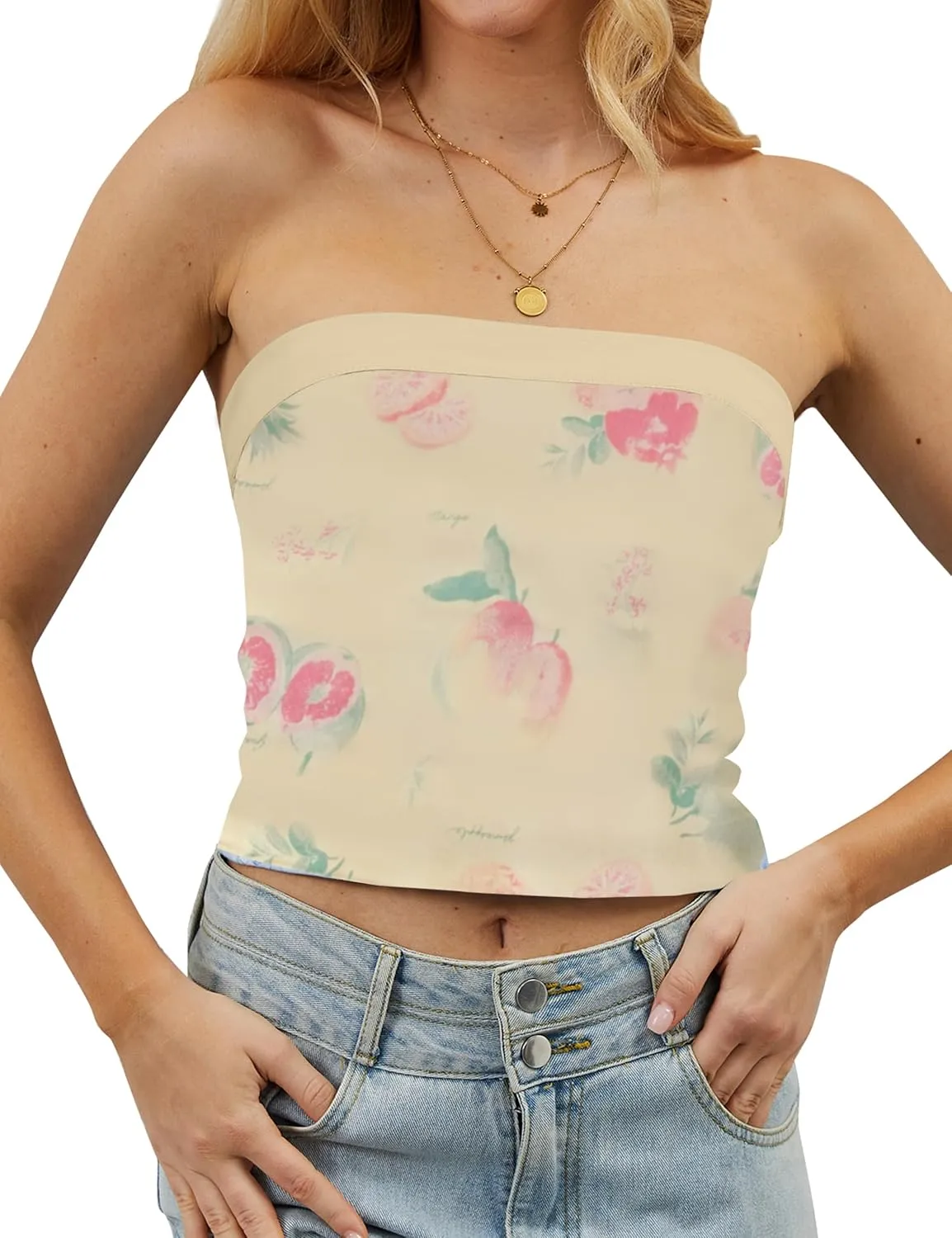 Women Strapless Reversible Foldover Tube Top Y2K Floral Print Graphic Crop Bandeau Tops Sleeveless Slim Fit Shirt