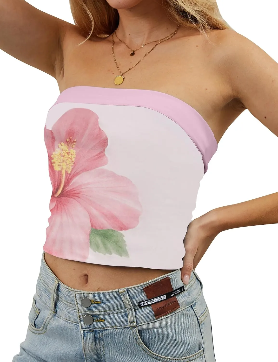 Women Strapless Reversible Foldover Tube Top Y2K Floral Print Graphic Crop Bandeau Tops Sleeveless Slim Fit Shirt