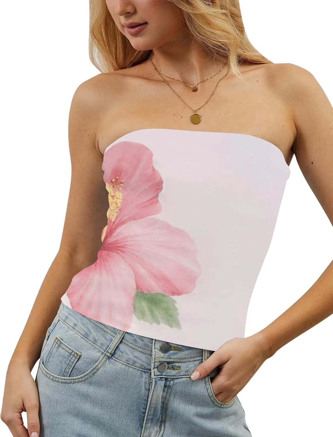 Women Strapless Reversible Foldover Tube Top Y2K Floral Print Graphic Crop Bandeau Tops Sleeveless Slim Fit Shirt
