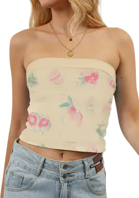 Women Strapless Reversible Foldover Tube Top Y2K Floral Print Graphic Crop Bandeau Tops Sleeveless Slim Fit Shirt