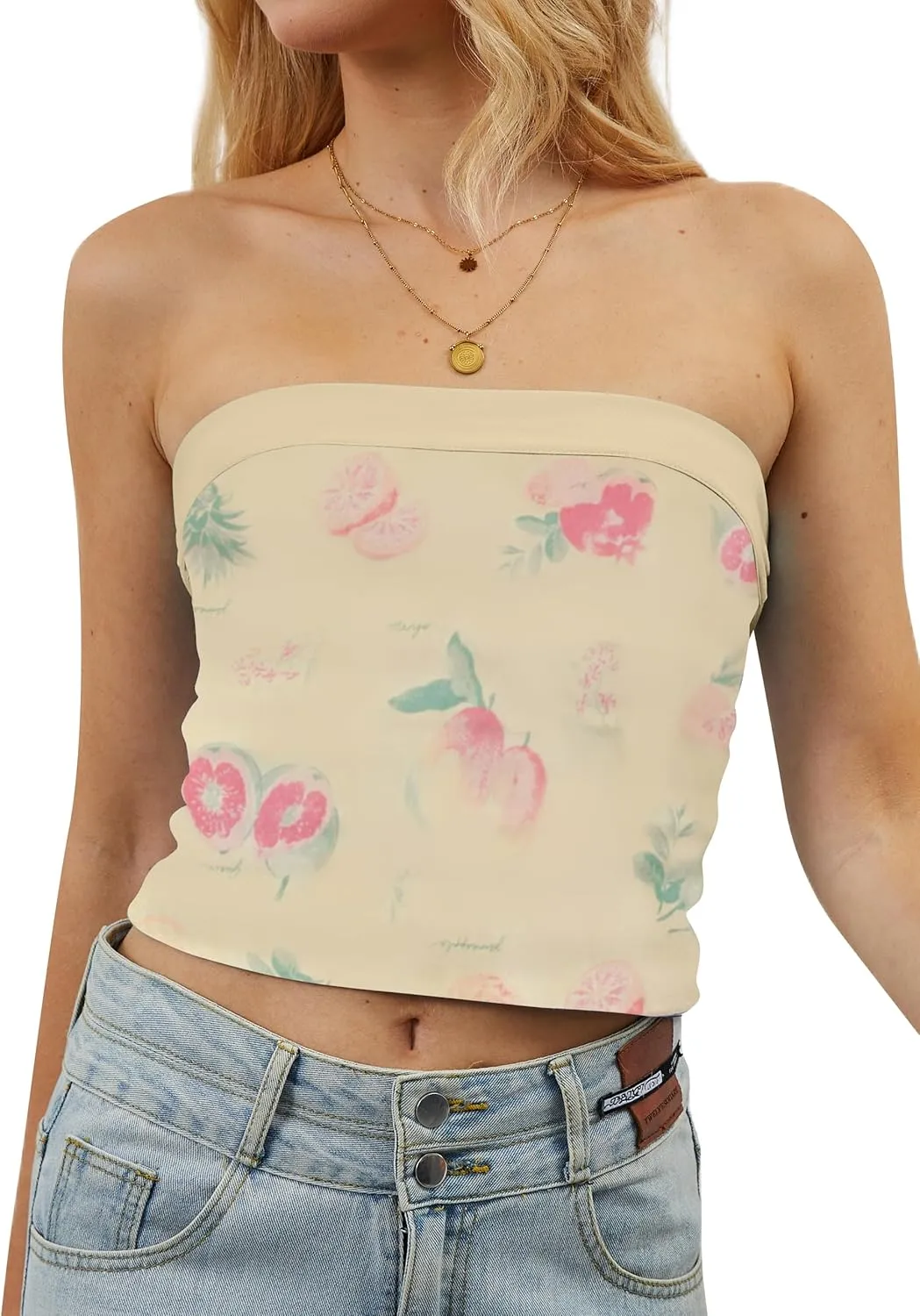 Women Strapless Reversible Foldover Tube Top Y2K Floral Print Graphic Crop Bandeau Tops Sleeveless Slim Fit Shirt