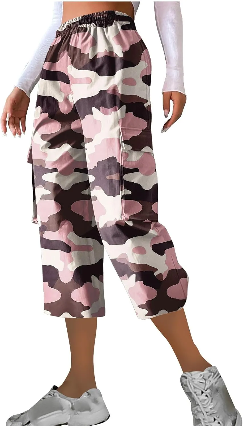 Women's Cargo Capris Hiking Pants Lightweight Outdoor Athletic Travel Casual Loose Fit Camouflage Pants with Pockets