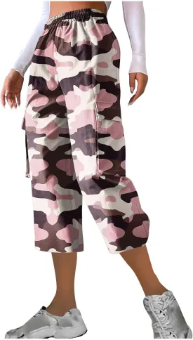Women's Cargo Capris Hiking Pants Lightweight Outdoor Athletic Travel Casual Loose Fit Camouflage Pants with Pockets