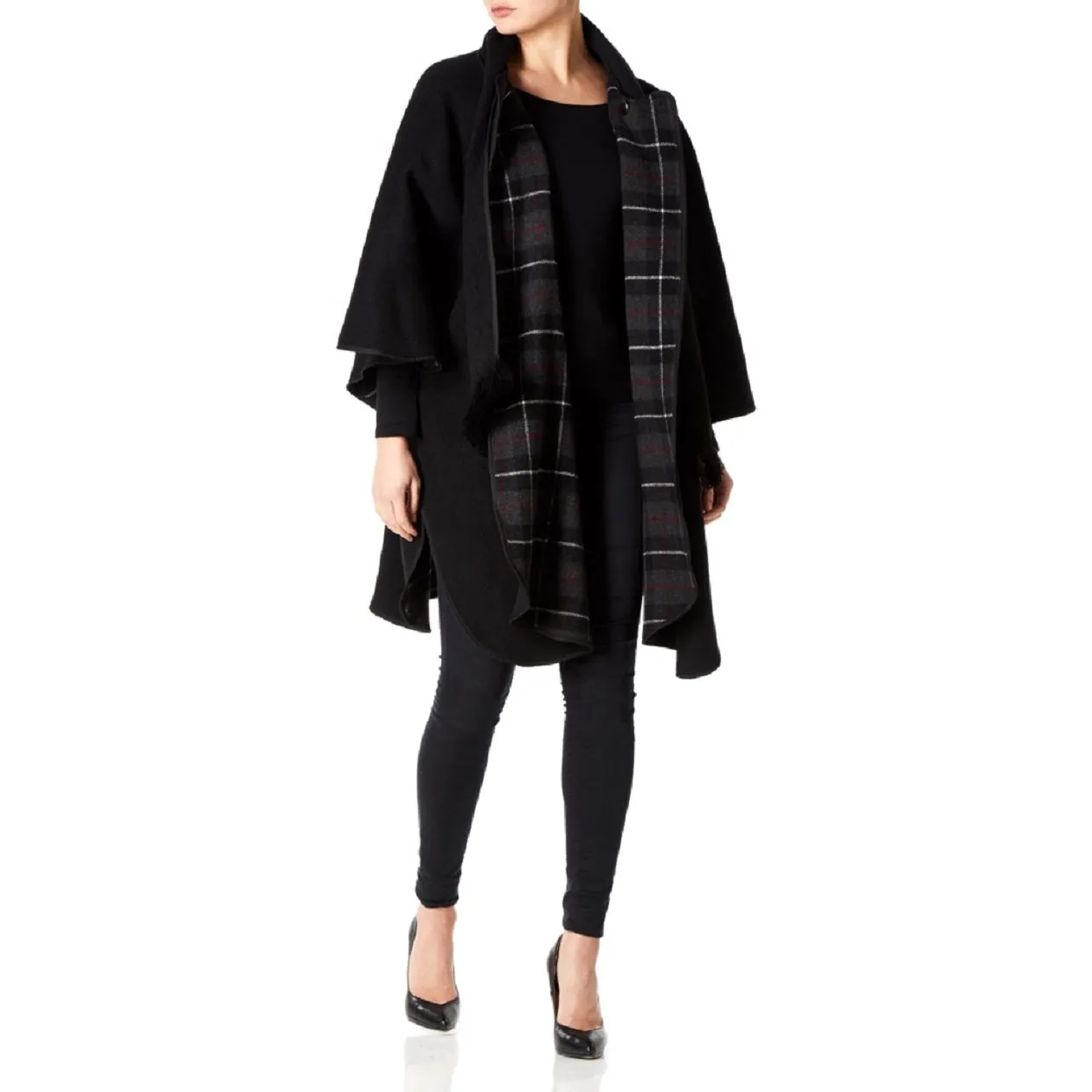 Wool Blend Reversible Tartan Check Cape (1330)