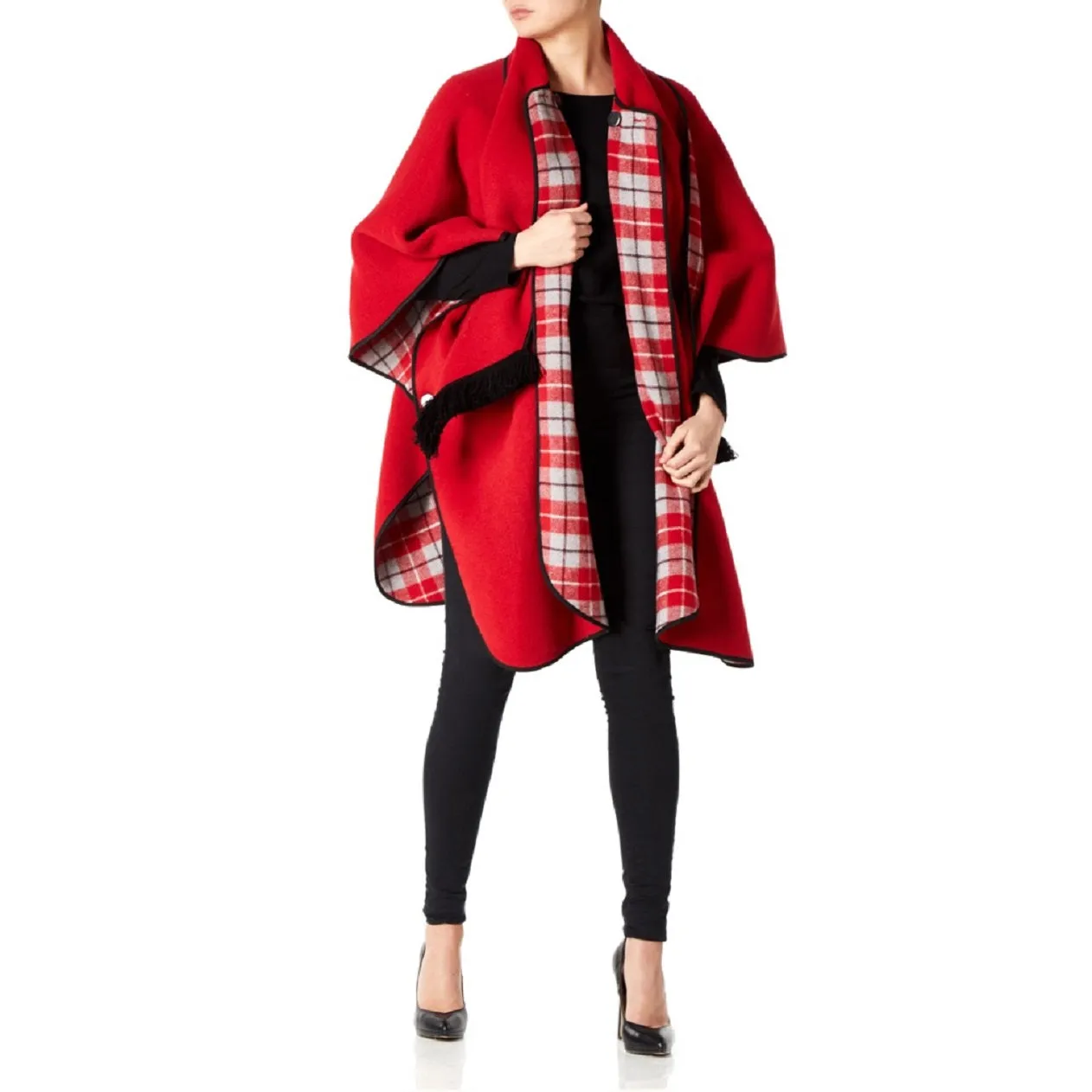 Wool Blend Reversible Tartan Check Cape (1330)